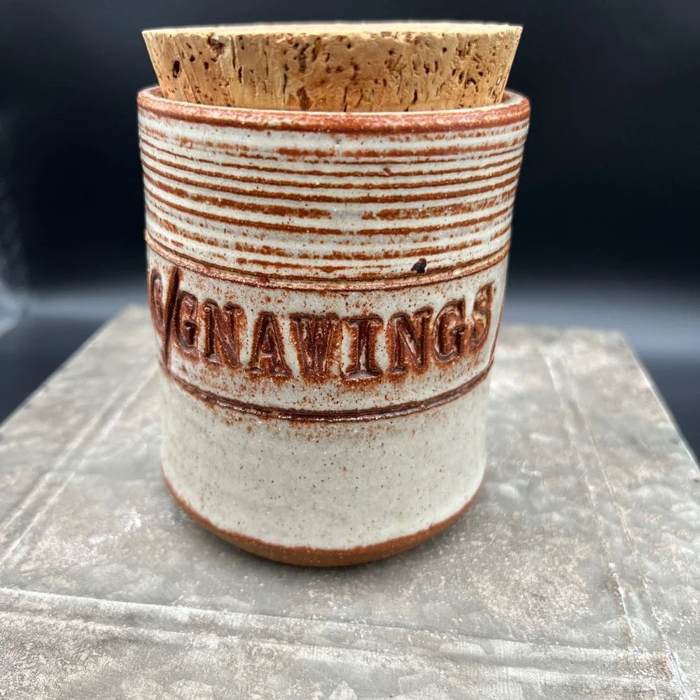 Pottery Gnawings Canister Signed Artisan Stoneware Jar with Cork Lid 5.5in